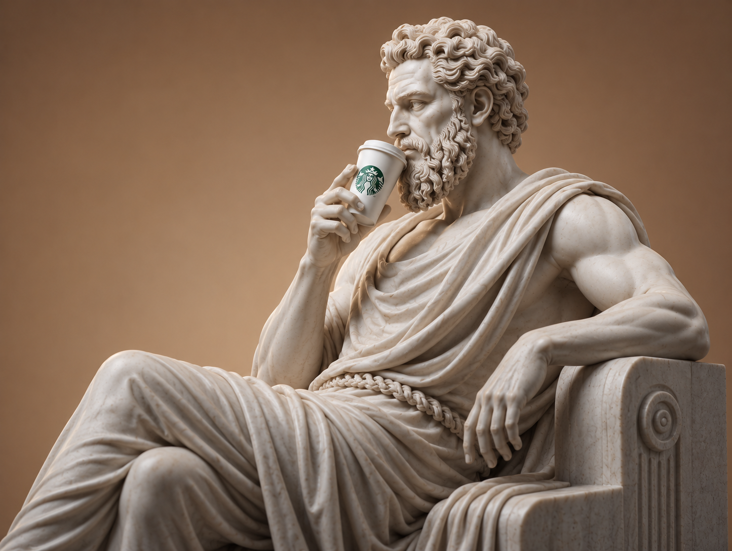 Marble figure pausing with coffee — a quiet aside